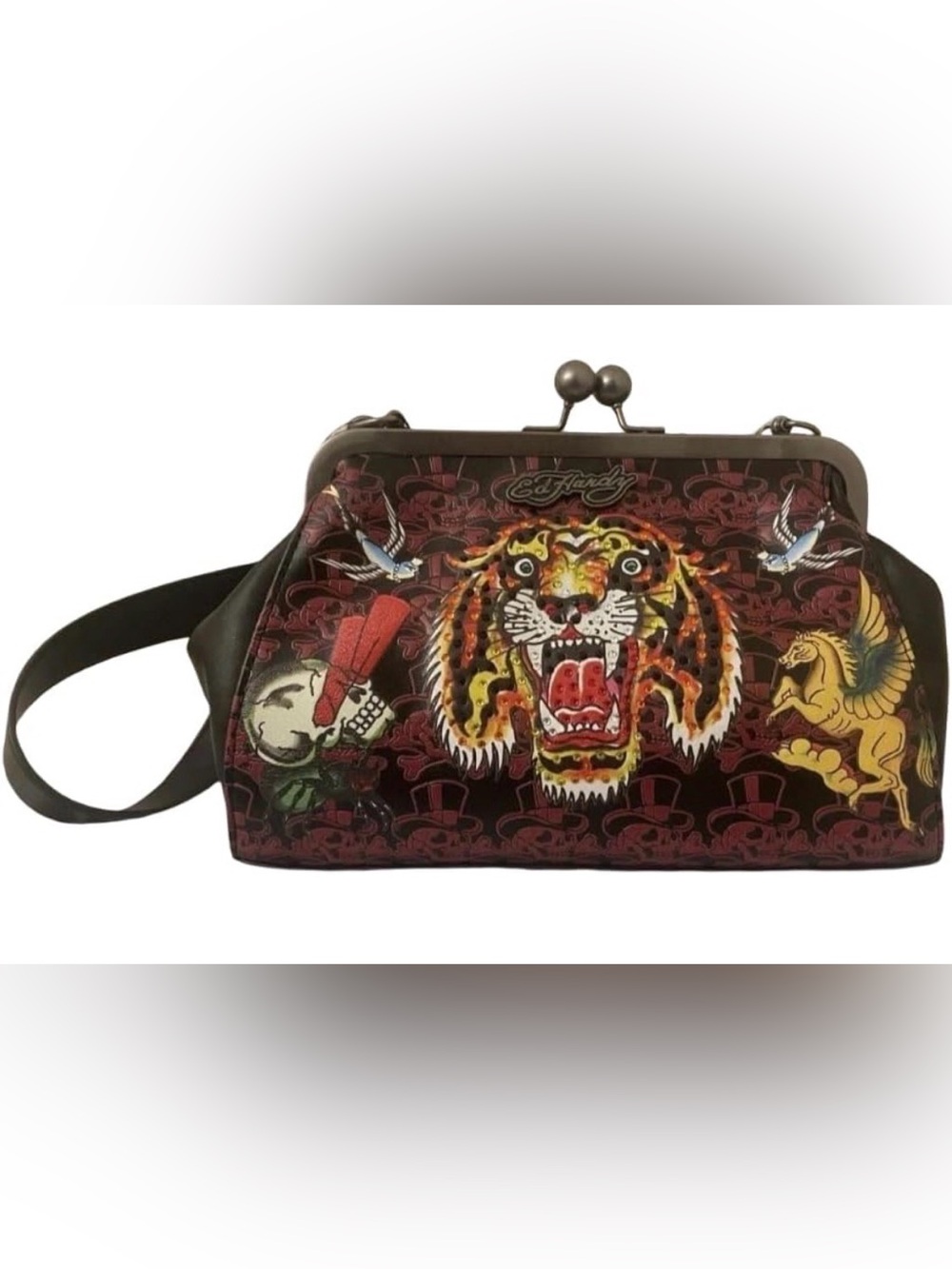 Ed Hardy Graphic Rhinestone Tiger Clutch / Shoulder Bag NWT